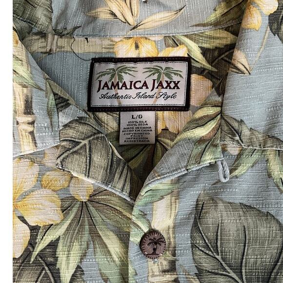 Jamaica Jaxx Mens Light Green Yellow Floral 100% Silk Shirt Large Vacation - Picture 9 of 9